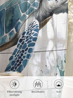 Sheer Curtains 84 Inches Long, Teal Green Sea Turtle Semi Sheer Curtains Light Filtering Window Treatment, Summer Ocean Vintage Wood Grain Privacy Voile Drapes for Living Room Bedroom 52x84 Inch