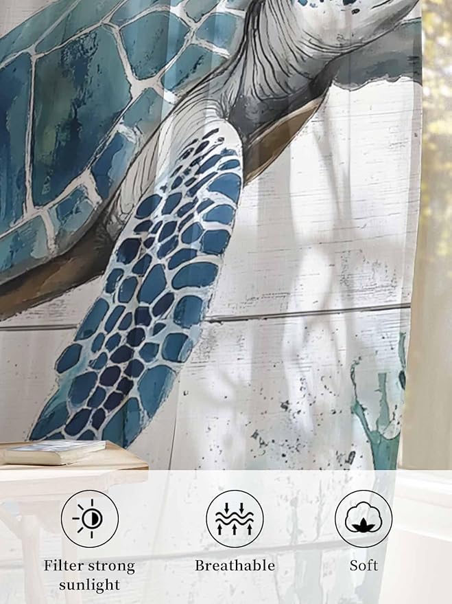 Sheer Curtains 84 Inches Long, Teal Green Sea Turtle Semi Sheer Curtains Light Filtering Window Treatment, Summer Ocean Vintage Wood Grain Privacy Voile Drapes for Living Room Bedroom 52x84 Inch