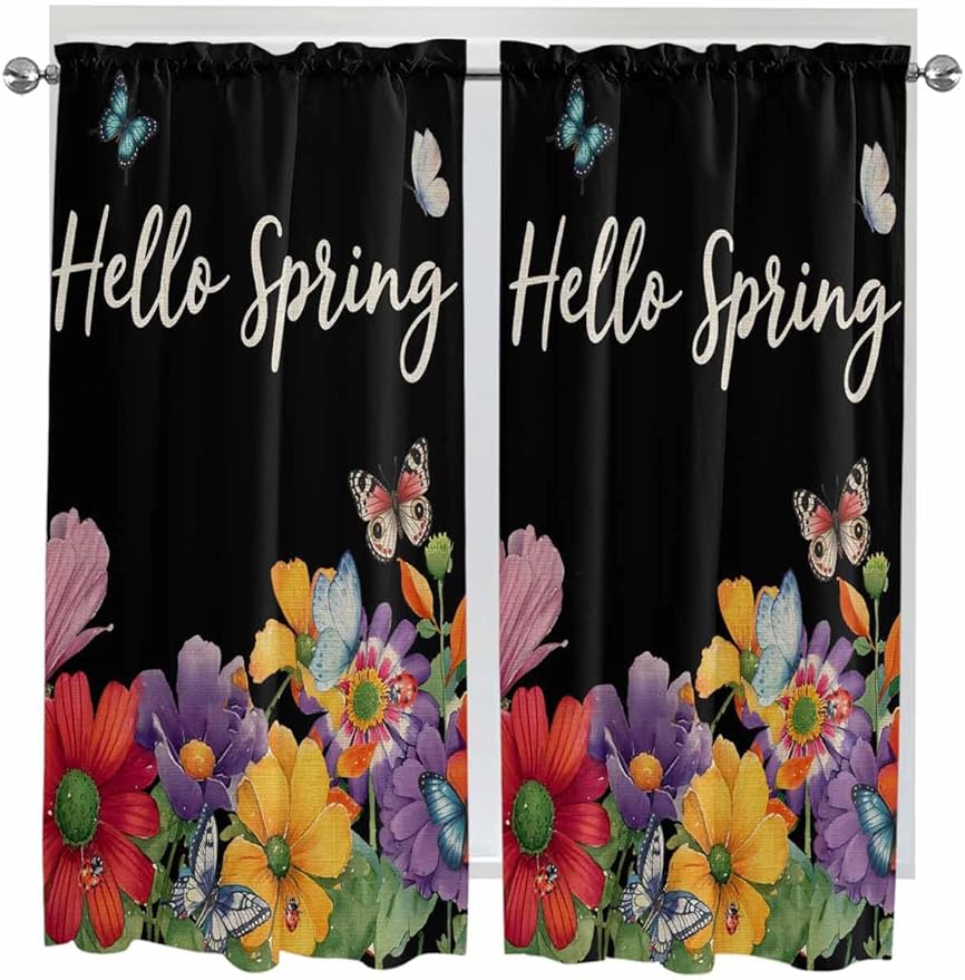 Spring Flowers Living Room Curtains 72 Inches length, Watercolor Country Colorful Floral Black Window Treatment Curtain Drapes, Light Filtering Drapes for Bedroom Laundry Room, 52"x72", 2 Panels