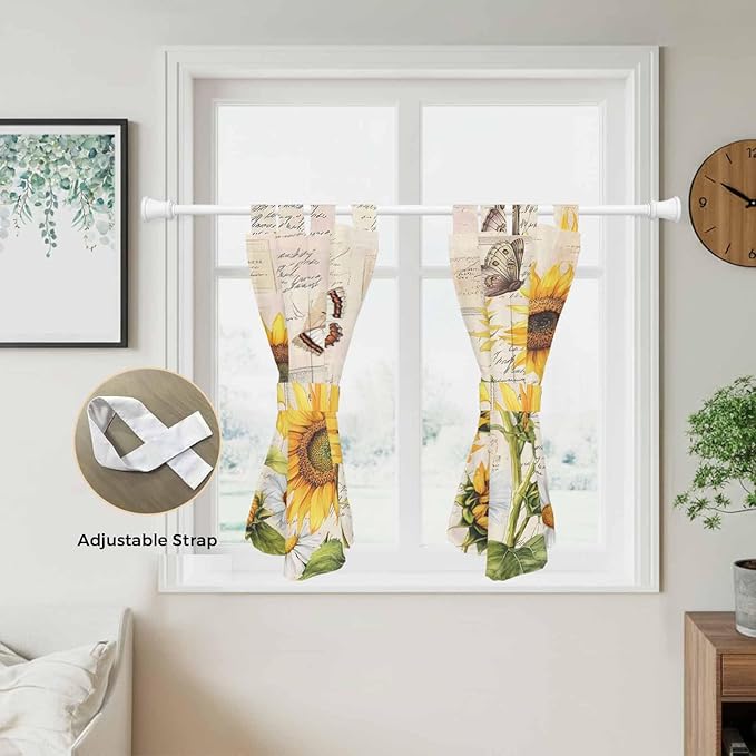 Yellow Sunflowers Bedroom Curtains 63 Inch Length, Window Curtains Tab Top, Country Farm Butterfly Flower Light Beige Light Filtering Window Treatments Drapes 42"x63" 2 Panel
