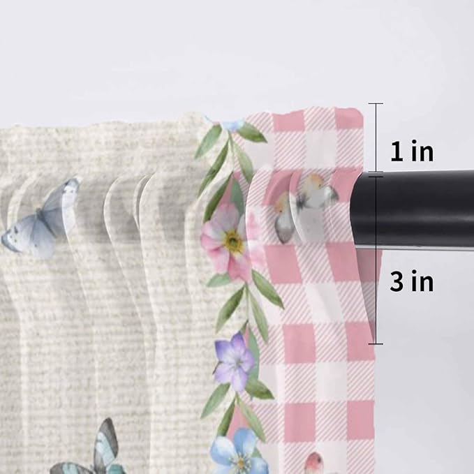Easter Sheer Valances for Windows 42"x12", Light Filtering Kitchen Curtains Valance, Country Gnomes Duck Floral Eggs Pink Buffalo Check Rod Pocket Chiffon Curtains for Living Room Bedroom Cafe