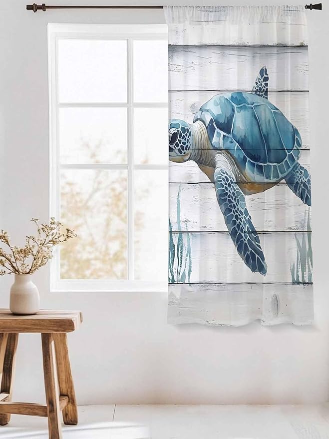 Sheer Curtains 72 Inches Long, Sea Turtle Blue Semi Sheer Curtains Light Filtering Window Treatment, Coastal Ocean Seaweed Wood Grain Privacy Voile Drapes for Living Room Bedroom 52x72 Inch
