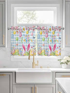 Happy Easter Half Window Curtains 24 Inches Long, Spring Watercolor Bunny Eggs Flower Blue Plaid Window Treatment Curtain Drapes, Short Curtains Tiers for Kitchen Over Sink, 27.5"x24", 2 Panels
