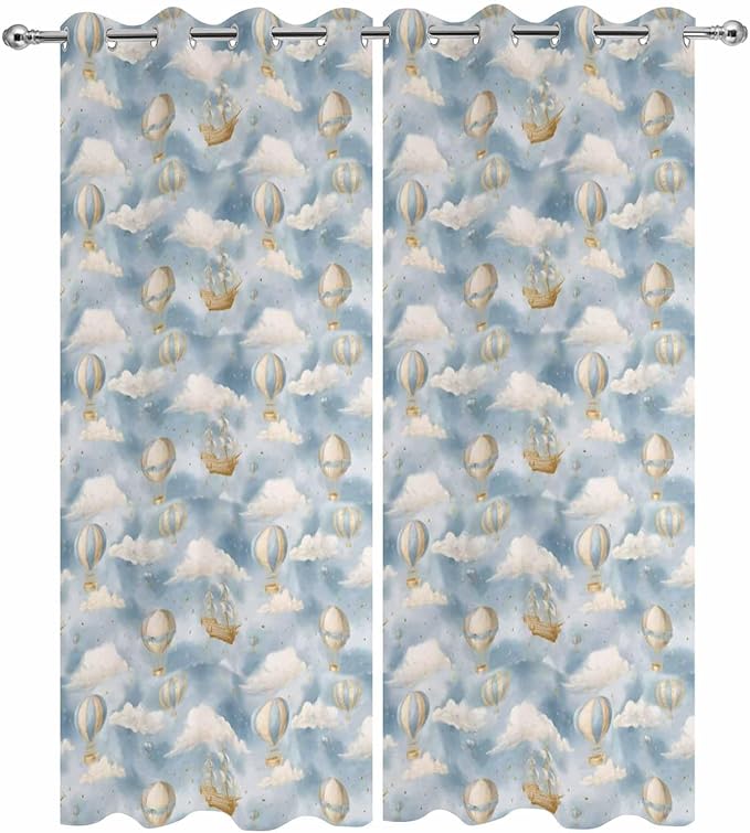 Hot Air Balloons Outdoor Curtains for Patio Fantasy Spaceship Cartoon Vintage Waterproof Outside Curtains with Grommet Top Weatherproof Curtain for Cabana Pergola Gazebo, 2 Pack, 54" W x 84" L