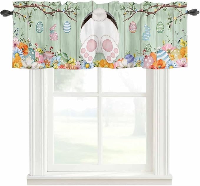 Easter Curtain Valances for Windows, Kitchen Valance Window Treatment, Spring Watercolor Bunny Eggs Wooden Grain Green Light Filtering Block Curtains for Bathroom/Bedroom/Living Room 42'' x 12''
