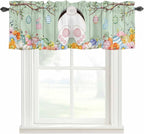 Easter Curtain Valances for Windows, Kitchen Valance Window Treatment, Spring Watercolor Bunny Eggs Wooden Grain Green Light Filtering Block Curtains for Bathroom/Bedroom/Living Room 60'' x 18''