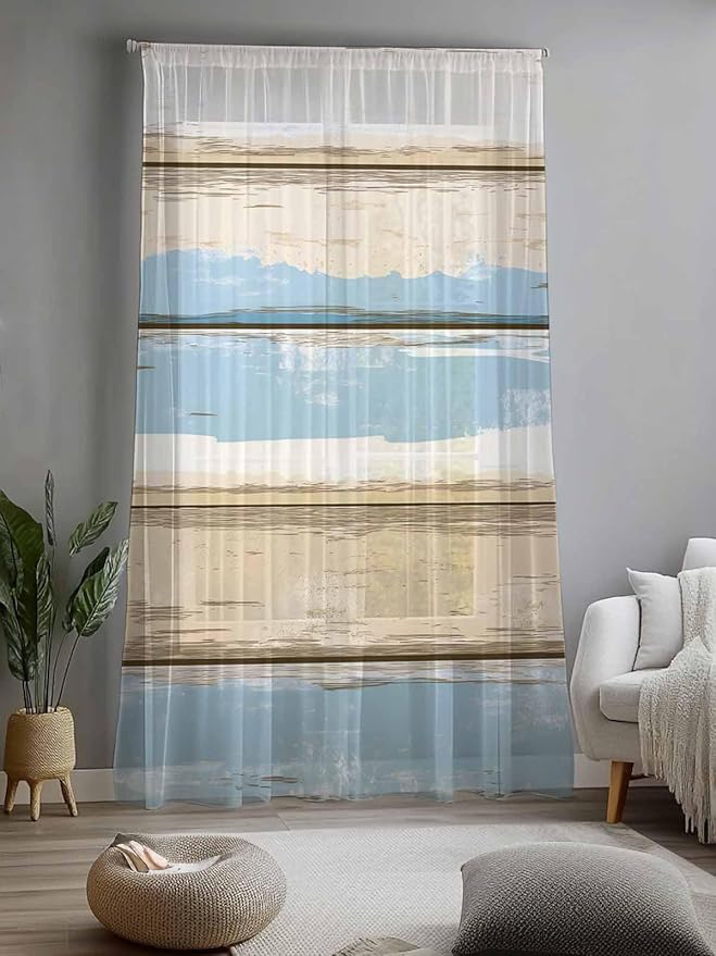 Sheer Curtains 108 Inches Long, Vintage Geometric Blue Semi Sheer Curtains Light Filtering Window Treatment, Abstract Country Shabby Wood Grain Privacy Voile Drapes for Living Room Bedroom 52x108 Inch