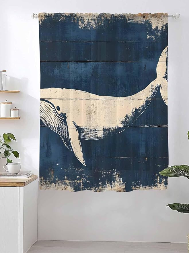 Sheer Curtains 63 Inch Length, Ocean Whale Blue Semi Sheer Curtains Light Filtering Window Treatment, Summer Coastal Vintage Wood Grain Privacy Voile Drapes for Living Room Bedroom 52x63 Inch