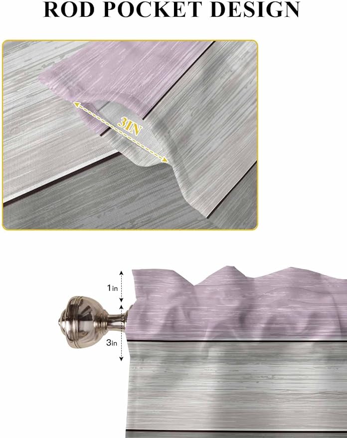 Country Wood Board Gray Purple Window Valance Curtains, Farmhouse Gradient Plank Light Filtering Kitchen Valance with 3-inch Rod Pocket for Living Room Bathroom Bedroom,2 Panel,42x45In