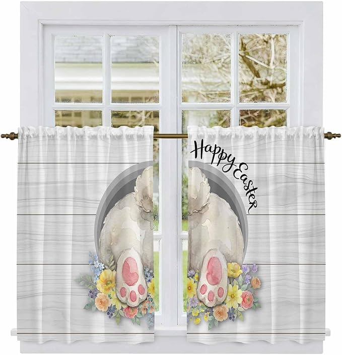 Easter Bunny Kitchen Curtains 45 Inch Long 2 Panel Set, Rod Pocket Window Treatment, 3D Optical Illusion Farmhouse Flower Wood Grain Light Filtering Panels Short Drapes for Bathroom Camper 42"W x 45"L