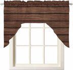 Brown Wooden Board Swag Kitchen Curtains Valance and Tier Set, Vintage Wood Grain Farmhouse Barn Themes Light-Filtering Swag Valance, Rod Pocket Short Curtain for Bedroom Cafe, 56x36 inches