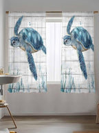 Sheer Curtains 72 Inches Long, Teal Green Ocean Turtle Semi Sheer Curtains Light Filtering Window Treatment, Coastal Seaweed Wood Grain Privacy Voile Drapes for Living Room Bedroom 52x72 Inch