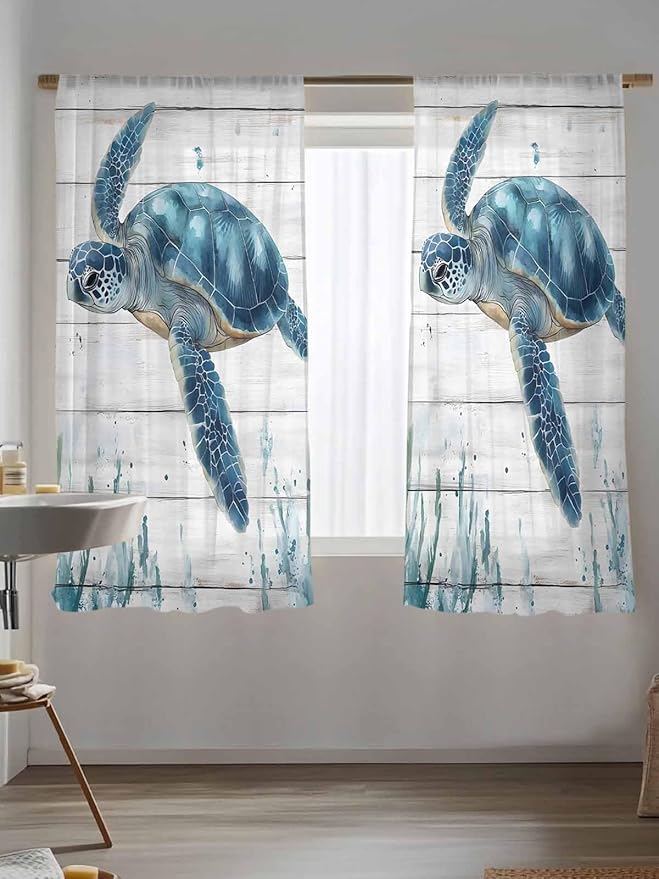 Sheer Curtains 63 Inch Length, Teal Green Ocean Turtle Semi Sheer Curtains Light Filtering Window Treatment, Coastal Seaweed Wood Grain Privacy Voile Drapes for Living Room Bedroom 52x63 Inch
