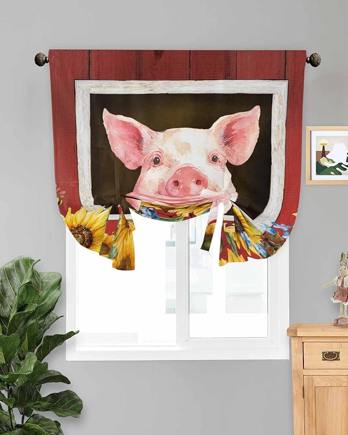 Tie Up Curtains for Windows, Pigs Sunflowers Adjustable Balloon Nature Linen Textured Kitchen Curtain, Farmhouse Red Barn Flowers Animals Decorative Tie Up Curtain for Window, 52" x 45"