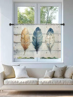 Sheer Curtains 54 Inch Length, Boho Blue Feathers Semi Sheer Curtains Light Filtering Window Treatment, Country Vintage Wooden Grain Privacy Voile Drapes for Living Room Bedroom 52x54 Inch