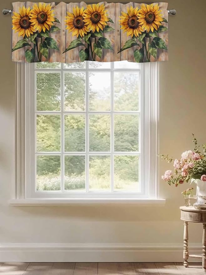 Kitchen Valances for Window, Watercolor Sunflower Retro Board Light Filtering Rod Pocket Valance Curtain, Farm Brown Wood Grain Short Curtains Window Topper for Bedroom Bathroom Living Room 54x18in