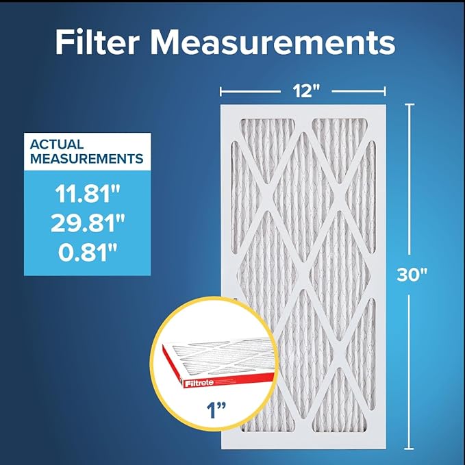 Filtrete 12x30x1 AC Furnace Air Filter, MERV 11, MPR 1000, Micro Allergen Defense, 3-Month Pleated 1-Inch Electrostatic Air Cleaning Filter, 2 Pack (Actual Size 11.81 x 29.81 x 0.81 in)