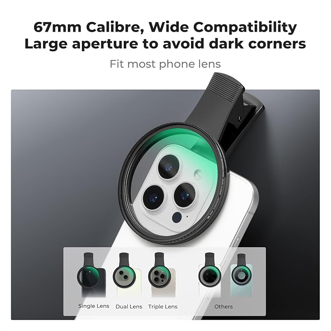 K&F CONCEPT 67mm Clip-on Black Diffusion 1/4 Phone Camera Lens Filter Kit, Mist Cinematic Effect Filter Compatible with iPhone 16 15 14 13 12 11, for Video/Vlog/Portrait Photography