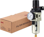 SNS 1/4''NPT Compressed Air Compressor Pressure Filter Regulator Piggyback Combo - Poly Bowl with Metal Guard, Semi-auto Drain, Bracket, with Gauge AW3000-N02A