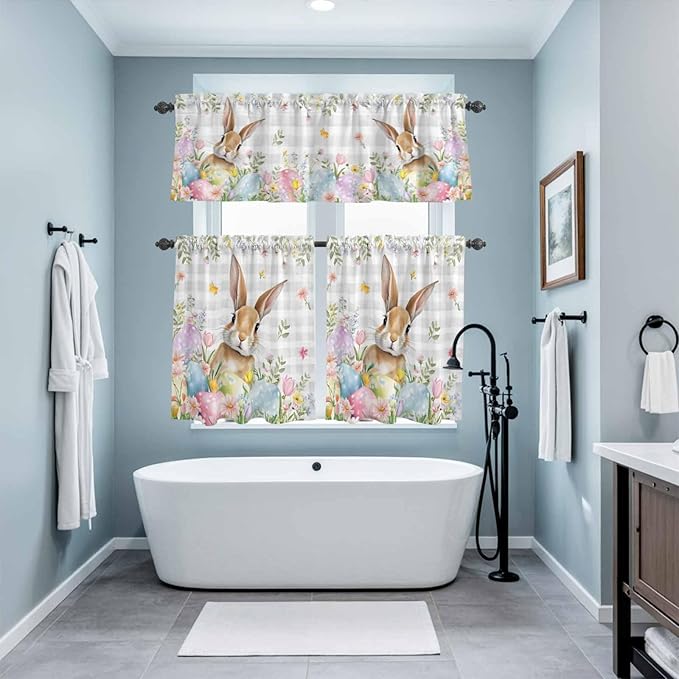 Kitchen Curtains Tiers and Valance Set of 3, Easter Light Filtering Window Curtain Set, Spring Rabbit Eggs Blooms Flowers Leaf Grey Plaid Rod Pocket Curtain Drapes for Living Room, 36 Inches Tiers