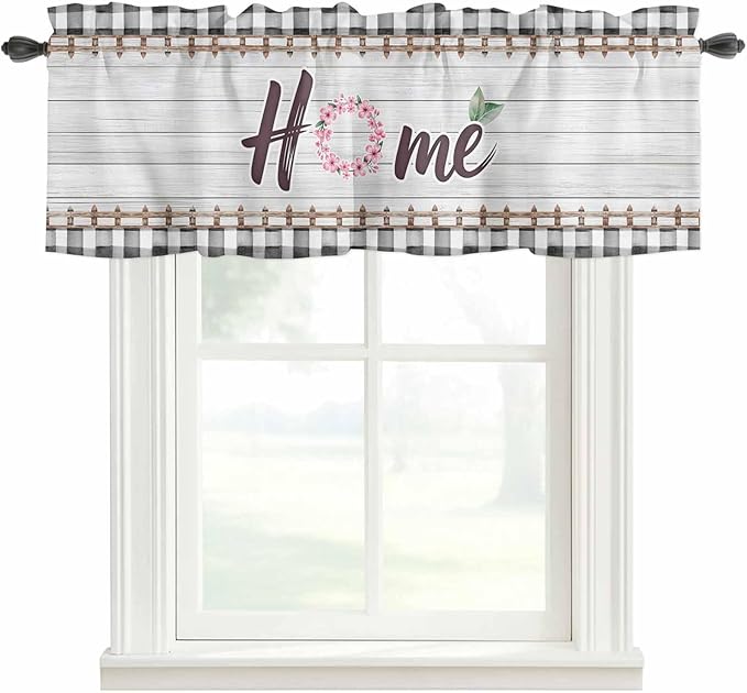 Spring Flowers Curtain Valances for Windows, Kitchen Valance Window Treatment, Farmhouse Watercolor Black Plaid Wood Grain Light Filtering Block Curtains for Bathroom/Bedroom/Living Room 42'' x 12''