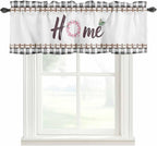Spring Flowers Curtain Valances for Windows, Kitchen Valance Window Treatment, Watercolor Floral Leaf Black Plaid Light Filtering Block Curtains for Bathroom/Bedroom/Living Room 42'' x 18''