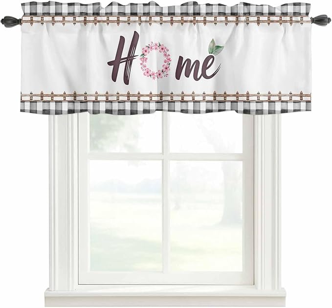Spring Flowers Curtain Valances for Windows, Kitchen Valance Window Treatment, Watercolor Floral Leaf Black Plaid Light Filtering Block Curtains for Bathroom/Bedroom/Living Room 54'' x 18''