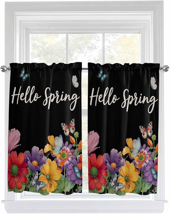 Spring Flowers Kitchen Curtains 54 Inches Length, Watercolor Country Colorful Floral Black Window Treatment Curtain Drapes, Decorative Window Curtains for Bedroom Cafe, 52"x54", 2 Panels
