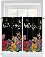 Spring Flowers Kitchen Curtains 45 Inches length, Watercolor Country Colorful Floral Black Window Treatment Curtain Drapes, Lightweight Window Panels for Living Room Bedroom, 52"x45", 2 Panels