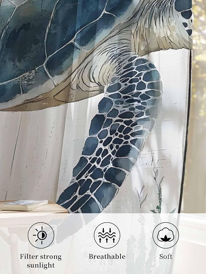 Sheer Curtains 108 Inches Long, Sea Turtle Teal Blue Semi Sheer Curtains Light Filtering Window Treatment, Summer Coastal Ocean Wood Grain Privacy Voile Drapes for Living Room Bedroom 52x108 Inch