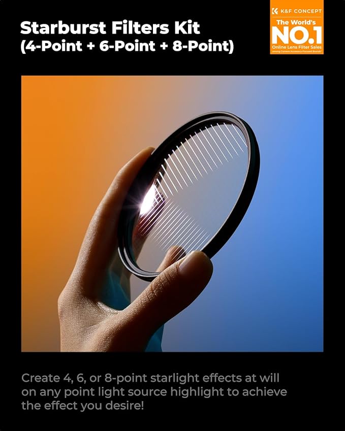 K&F CONCEPT 77mm Star Filters Kit (3 PCS) 4 Points 6 Points 8 Points Cross Screen Starburst Filters Set -18 Layer Coating Ultra Slim Optical Glass Camera Lens Filter with 3 Cleaning Cloth