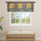 Summer Sunflower Sheer Valance Curtains, Yellow Floral Plants Bees Brown Wood Grain Light Filtering Kitchen Valances Rod Pocket Voile Curtain Window Treatment for Bedroom/Living Room/Basement 60Wx18L