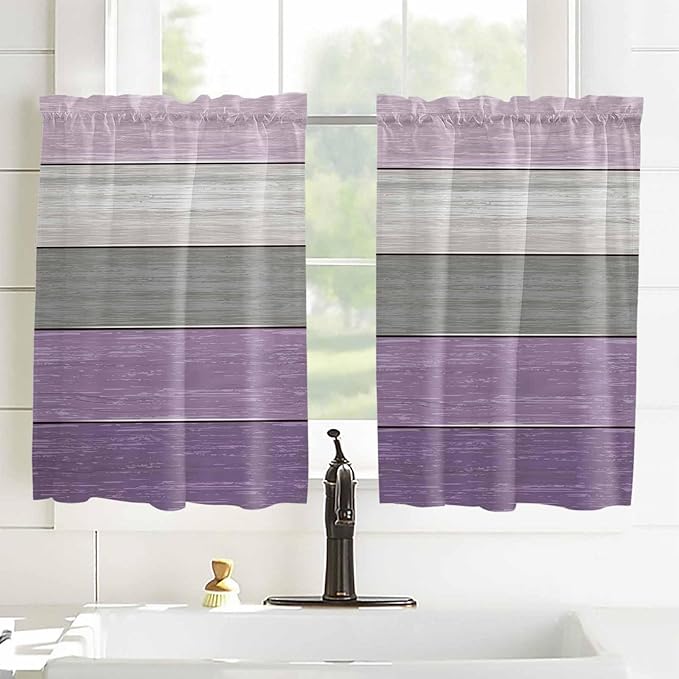 Country Wood Board Gray Purple Window Valance Curtains, Farmhouse Gradient Plank Light Filtering Kitchen Valance with 3-inch Rod Pocket for Living Room Bathroom Bedroom,2 Panel,52x45In