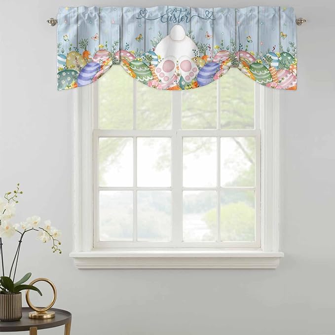 Spring Easter Tie Up Valance Curtains for Windows, Kitchen Curtains Window Shades, Rabbit Ears Foot Colorful Eggs Wooden Plank Light Filtering Roman Curtain Valances for Bedroom/Bathroom/Cafe 42"x18"