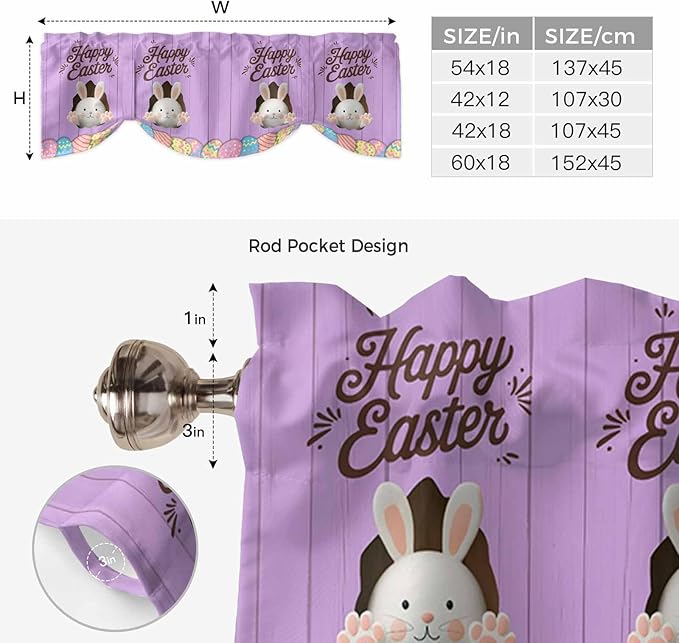 Purple Easter Tie Up Valance Curtains for Windows, Kitchen Curtains Window Shades, Spring Cartoon Bunny Colorful Eggs Wood Grain Light Filtering Curtain Valances for Bedroom/Bathroom/Cafe 42"x12"