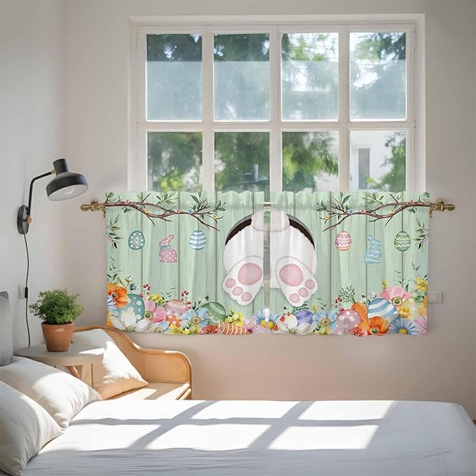 Easter Kitchen Tier Curtains 24 Inch Long 2 Panel Set,Rod Pocket Cafe Small Window Curtains Over Sink,Spring Watercolor Bunny Eggs Wooden Grain Green Light Filtering Short Drapes 27.5"W x 24"L