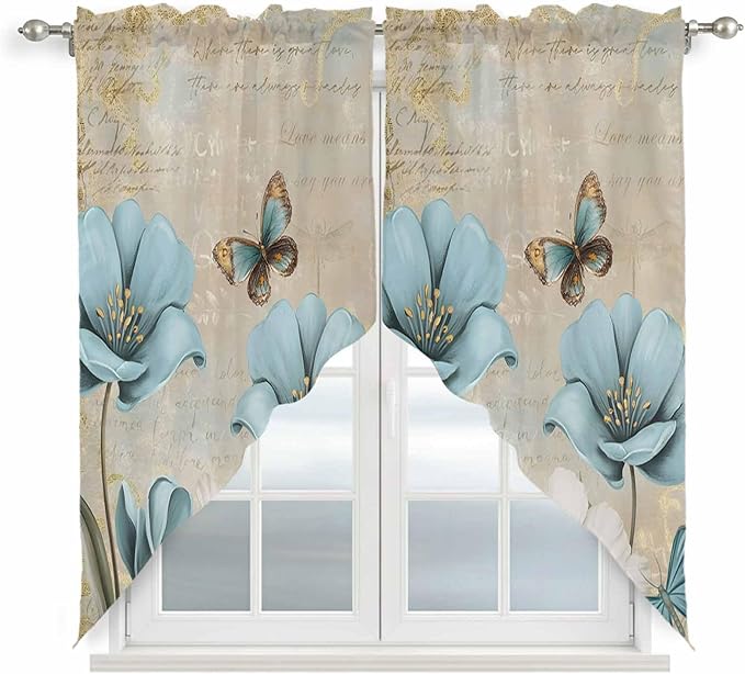 Spring Flowers Swag Valances for Windows, Vintage Rustic Tulips Floral Butterfly Khaki Rod Pocket Kitchen Curtains Valance, Small Window Curtains Swag for Cafe Living Room, 2 Panels, 36x36 inch