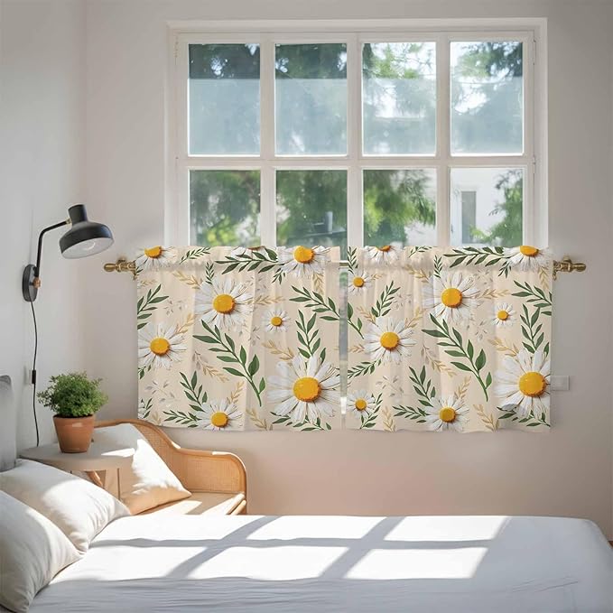 Spring Daisy Tier Curtains, Country Watercolor Flower Leaf Plant Light Filtering Kitchen Curtains, 2Pcs Rod Pocket Half Window Treatments Panels for Sink Cafe Cabinet Camper 27.5x36 Inches