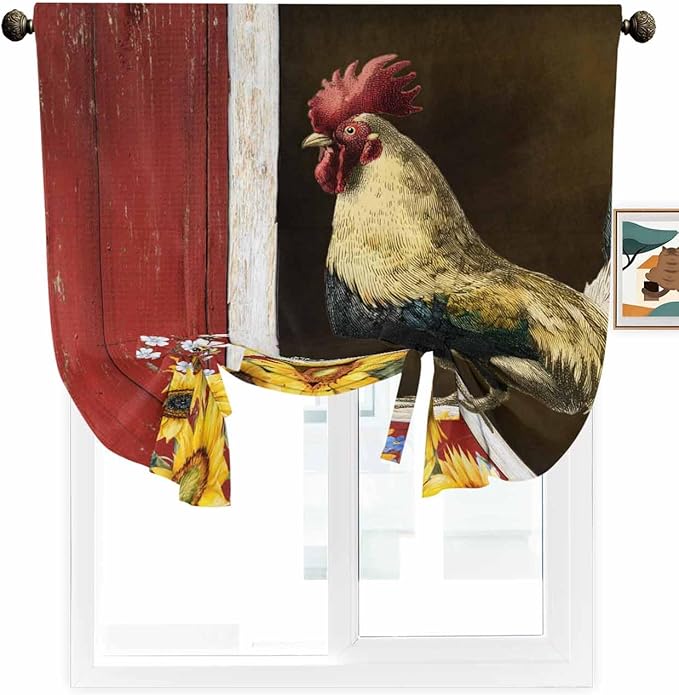 Tie Up Curtains for Windows, Chicken Sunflowers Adjustable Balloon Nature Linen Textured Kitchen Curtain, Farmhouse Animals Red Barn Bees Blackout Curtains for Living Room, 46 x 63 Inches