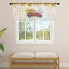 Farmhouses Sunflowers Sheer Valance Curtains, Retro Floral Leaves Red Truck Vintage Light Filtering Kitchen Valances Rod Pocket Voile Curtain Window Treatment for Bedroom/Living Room/Basement 60Wx18L
