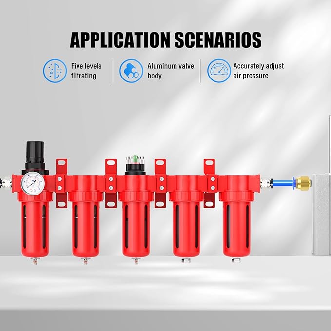 3/8" NPT Industrial Grade 5 Stage Aluminum Air Drying System,Double Coalescing Filter,Particulate Filter,Double Desiccant Dryer and Air Regulator,Manual Drain For Plasma Cutter and Paint Spray