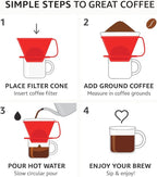 Fino Pour-Over Coffee Brewing Filter Cone, Number 4-Size, Red, Brews 8 to 12-Cups