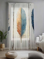 Sheer Curtains 108 Inches Long, Blue Brown Feathers Semi Sheer Curtains Light Filtering Window Treatment, Boho Ombre Vintage Wooden Grain Privacy Voile Drapes for Living Room Bedroom 52x108 Inch