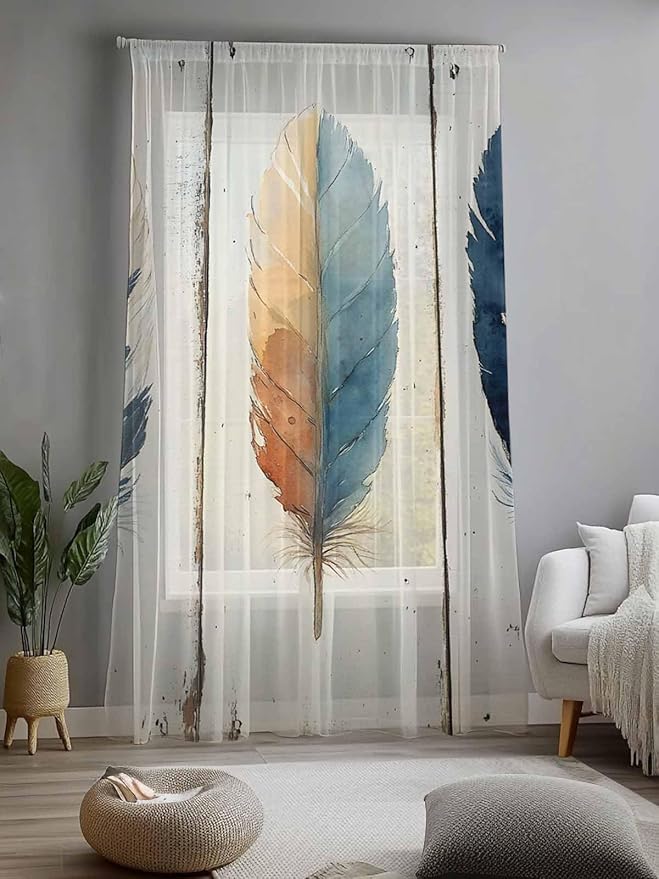 Sheer Curtains 96 Inches Long, Blue Brown Feathers Semi Sheer Curtains Light Filtering Window Treatment, Boho Ombre Vintage Wooden Grain Privacy Voile Drapes for Living Room Bedroom 52x96 Inch