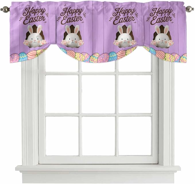 Purple Easter Tie Up Valance Curtains for Windows, Kitchen Curtains Window Shades, Spring Cartoon Bunny Colorful Eggs Wood Grain Light Filtering Curtain Valances for Bedroom/Bathroom/Cafe 60"x18"