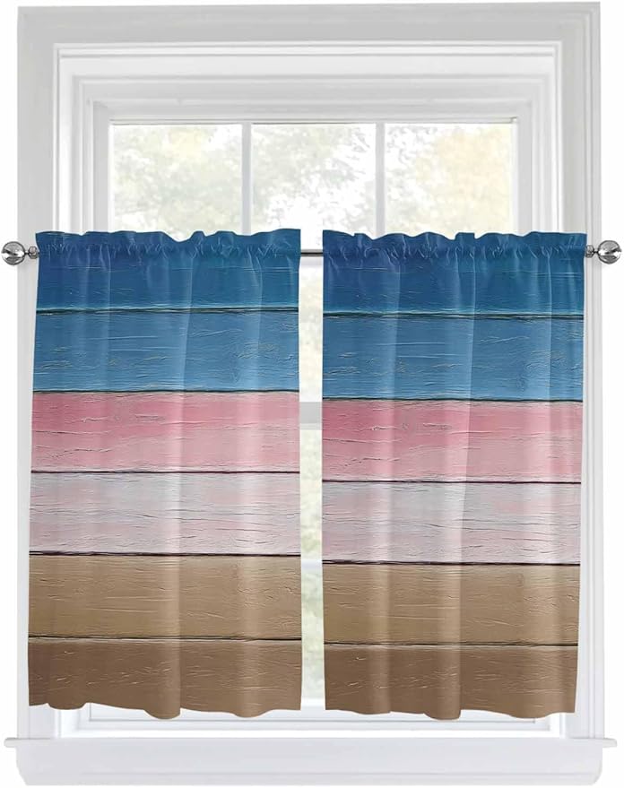 Blue Pink Brown Gradient Wood Grain Window Valance Curtains, Vintage Wood Board Light Filtering Kitchen Valance with 3-inch Rod Pocket for Living Room Bathroom Bedroom,2 Panel,42x54In