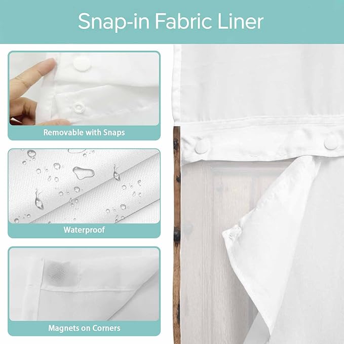 Wood Barn Door No Hook Shower Curtain with Snap in Liner Set, Waterproof Shower Curtains for Bathroom, Wooden Plank Fabric Shower Curtain, See Through Mesh Top Window, 36" W x 78" L