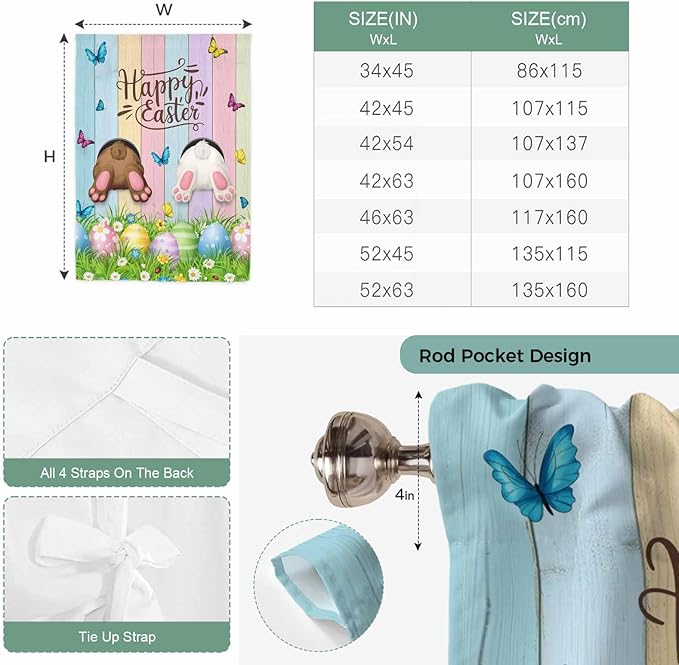 Tie Up Curtains,Happy Easter Rabbit Butt Egg on Daisy Leaf Adjustable Rod Pocket Window Shade Curtain Drape Bufferfly on Wood Barn Tie-Up Valance for Kitchen Bedroom Living Room Windows,42"x45"