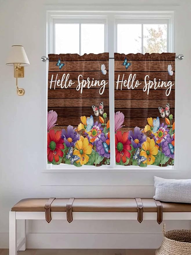 Spring Flowers Kitchen Curtains 45 Inches length, Watercolor Farmhouse Colorful Wooden Grain Window Treatment Curtain Drapes, Lightweight Window Panels for Living Room Bedroom, 52"x45", 2 Panels