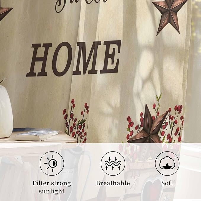 Farm Sheer Curtains 96 Inch Length American Country Barn Star Vintage Berry Brown Chiffon Curtain for Bedroom Living Room Light Filtering Rod Pocket Window Treatments Voile Curtains Drapes for Dining